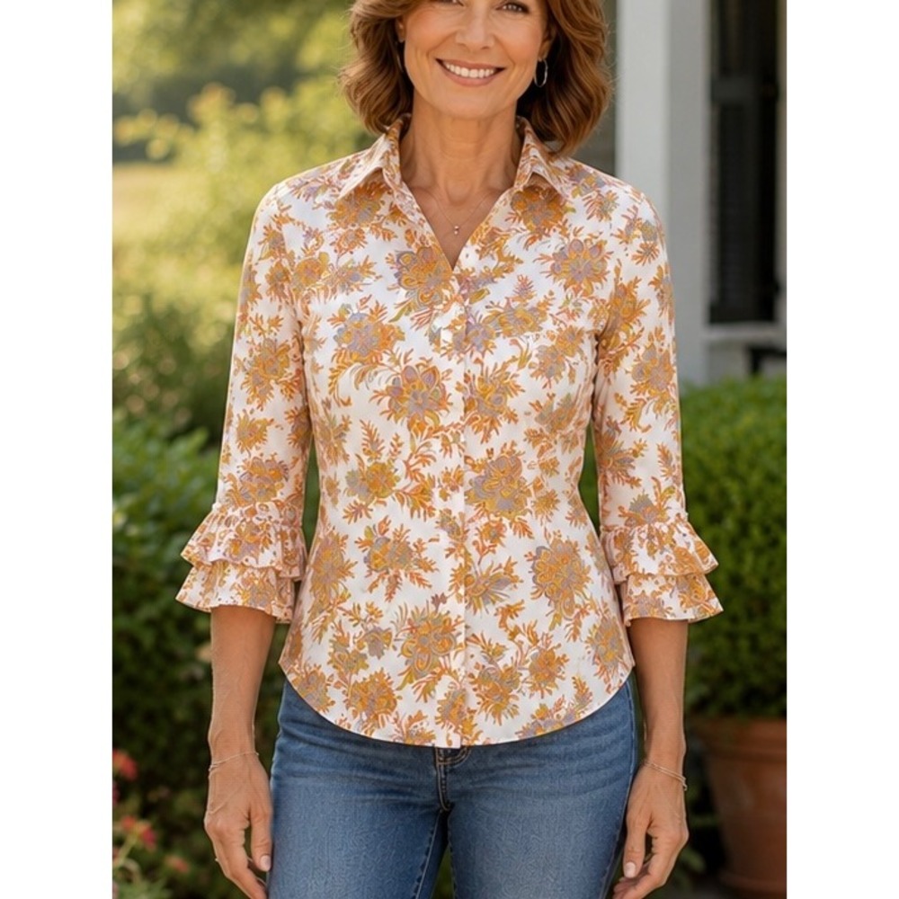 Robert Graham Womens Button Down Shirt White Floral Paisley‎ Ruffle Sleeve Small